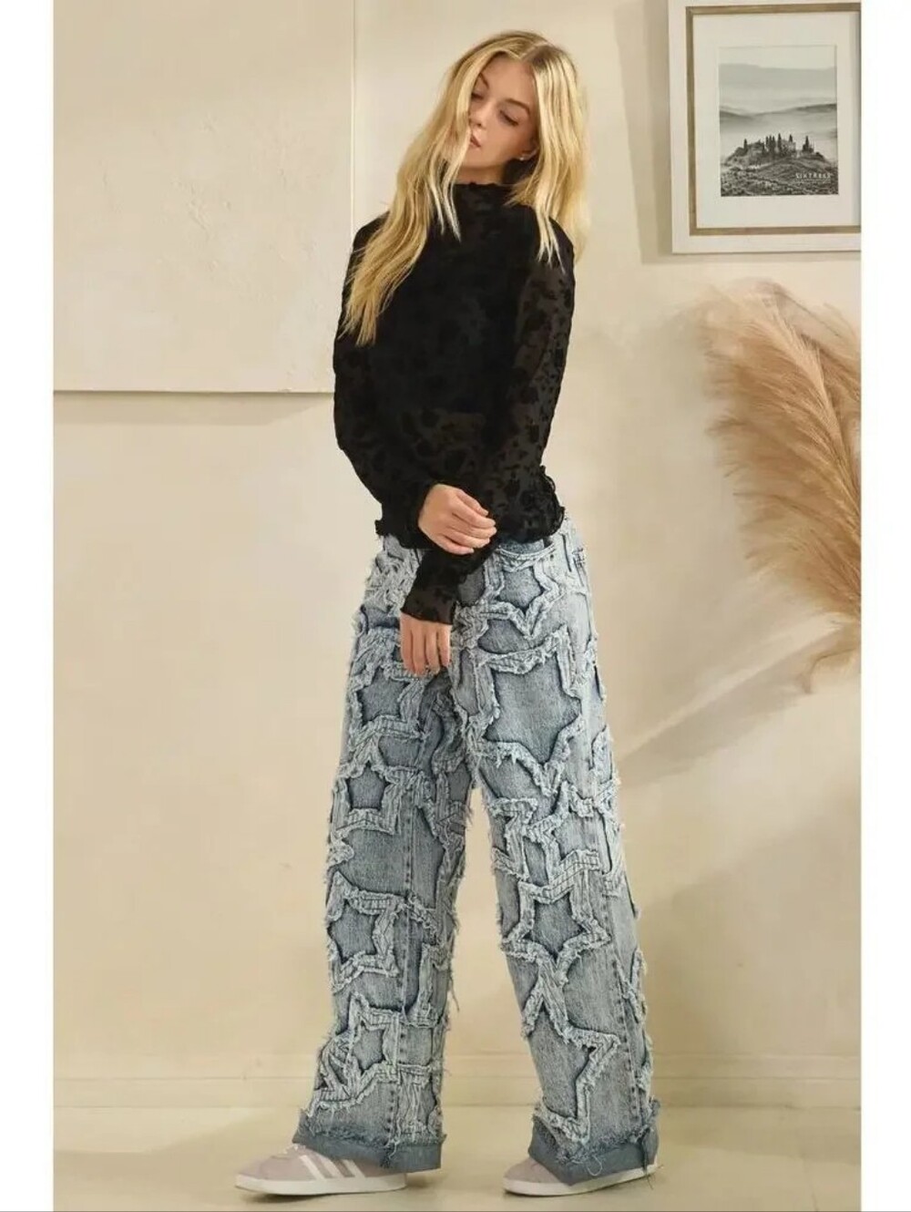 Oli "Star Party" Applique Straight Wide-Leg Star Denim Pants in Light Blue Sz S - Picture 5 of 6